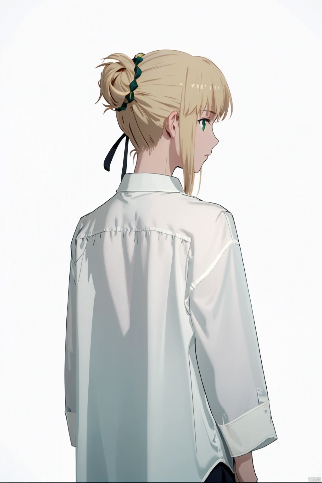 1 girl, focused, solo, looking back, looking from behind, half fallen clothes, shirt, white background, white shirt, looking at the audience, green eyes, boyfriend, comfortable anime, perspective wet T-shirt, soft, hair tied, hair tied, perfect fingers, ((poakl)), phSaber