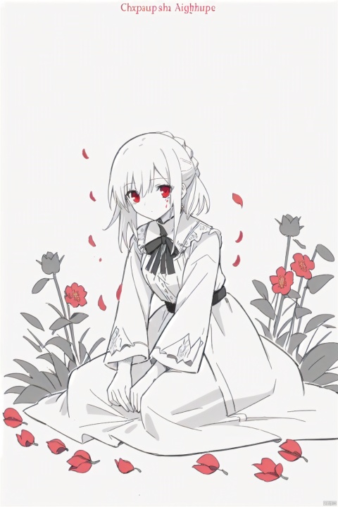  (masterpiece),(best quality),illustration,ultra detailed,hdr,Depth of field,(colorful),1girl,red eyes,white long translucent night gown,expressionless,(white hair),hair cover one eye,long hair,red hair flower,kneeling on lake,blood,(plenty of red petals:1.35),(white background:1.5),(English text),greyscale,monochrome,greyscale,monochrome,sketch, Kal'tsit, white hell, Migunov, gummy_(arknights),monoclor,lineart, phSaber