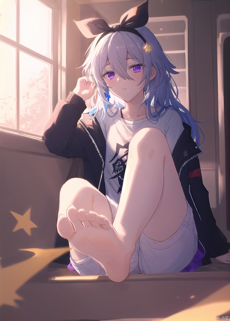  masterpiece,best quality,high quality,(colorful),[Artist sk (askzy)],[Artist wlop],firefly (honkai star rail), foot focus, 1girl, toes, solo, barefoot, feet, long hair, grey hair, looking at viewer, hairband, foreshortening, soles, blush, jacket, black hairband, black jacket, presenting foot, shirt, hair between eyes, sitting, white shirt, purple eyes, toenails, trailblazer (honkai: star rail), blurry, sidelocks, parted lips, hair intakes, bow, Lappland