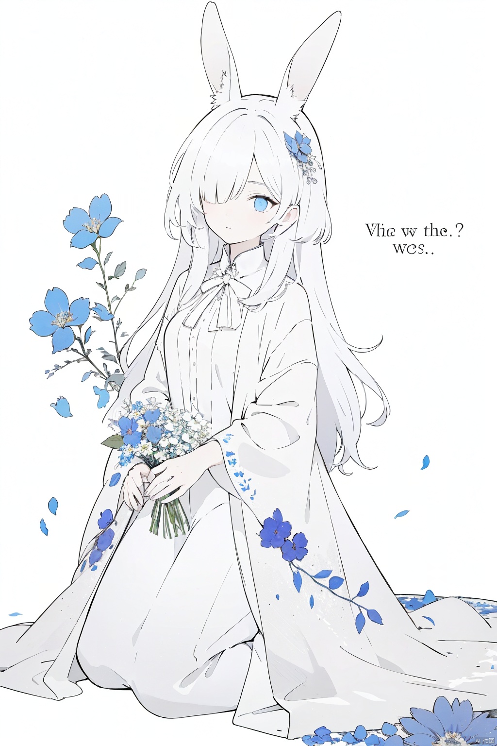  1girl, blue eyes, white long translucent night gown, expressionless, (white hair), hair cover one eye, long hair, blue hair flower, kneeling on lake, blood, (plenty of blue petals:1.35), (white background:1.5), (English text), greyscale, monochrome,greyscale,monochrome,sketch, rabbit ears, BJ_Violent_graffiti, wunv, The earth, gummy_(arknights), Pencil hand drawing