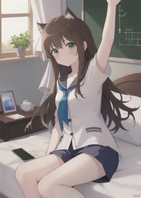 (masterpiece),(best quality),illustration,ultra detailed,hdr,Depth of field,(colorful),[iumu],[Sheya],[Artist chen bin],transparent background, artist roha, 1girl, brown hair, phone, cellphone, solo, pillow, indoors, smartphone, on bed, green eyes, long hair, shirt, bangs, bed sheet, curtains, short sleeves, shorts, blush, school uniform, serafuku, pajamas, frills, window, bed, closed mouth, sunlight, white shirt, frilled shorts, blue shirt, outstretched arm,lying,day, Kal'tsit, platinum_(arknights), Omertosa