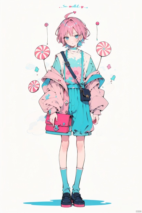  Boys, decorated with colorful clouds, a boy, ((boy)), solo, pink hair, short hair, lovely bangs, blue messenger bag, colorful candy decoration, white socks, blue leather shoes, happy, sweet and lovely style, bright colors, light blue background, candy decoration, dessert decoration, lovely cartoon,