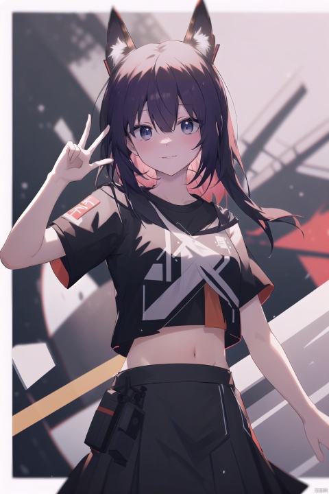  1girl, solo, long hair, looking at viewer, smile, skirt, shirt, black hair, midriff, blurry, black eyes, arm up, crop top, v, blurry background, w_(arknights), gotou hitori