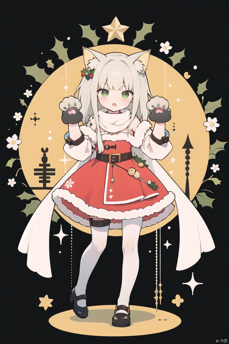  Tendou Alice,(loli:1.2),long hair,(paw pose:1.4),scarf,strap slip,full body,(white silk stockings:1.3),(Cat paw gloves:1.3),White background,(Merry Christmas!), green eyes, hydress-hair ornaments