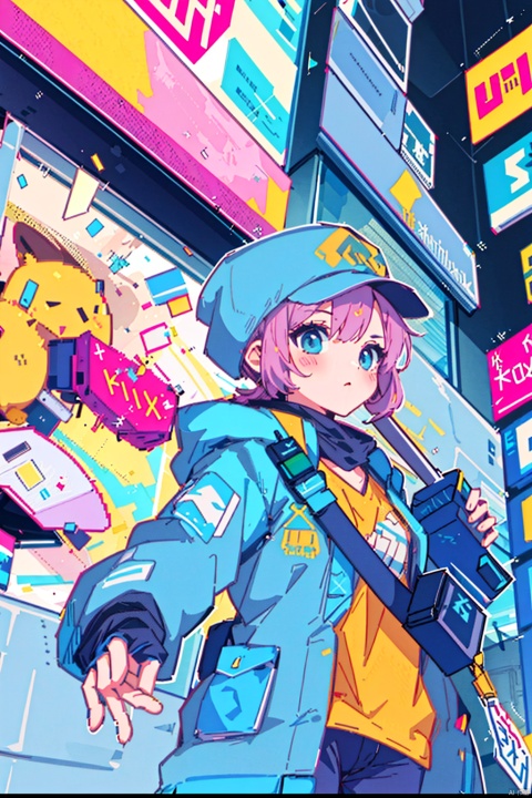  Ultra-high resolution, cinematic lighting,Woman wearing pink raincoat in Times Square,xxmix_girl,more detail XL, blue medium hair, artoria pendragon \(fate\), yinyou,yinyou color, ((pixelart))