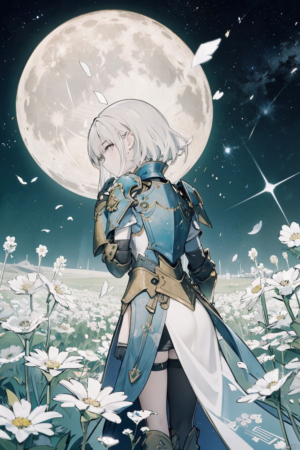  Abstract Art, (style by Yuko Shimizu: 1.3), Dark Gold Theme, Golden Moon, Dark Stars, 1Girl, Field of White Flowers, Back Observer, phSaber, phAltoria, Halfway, a Knight's Figure, Hands Open, Artwork, machinery, backlight