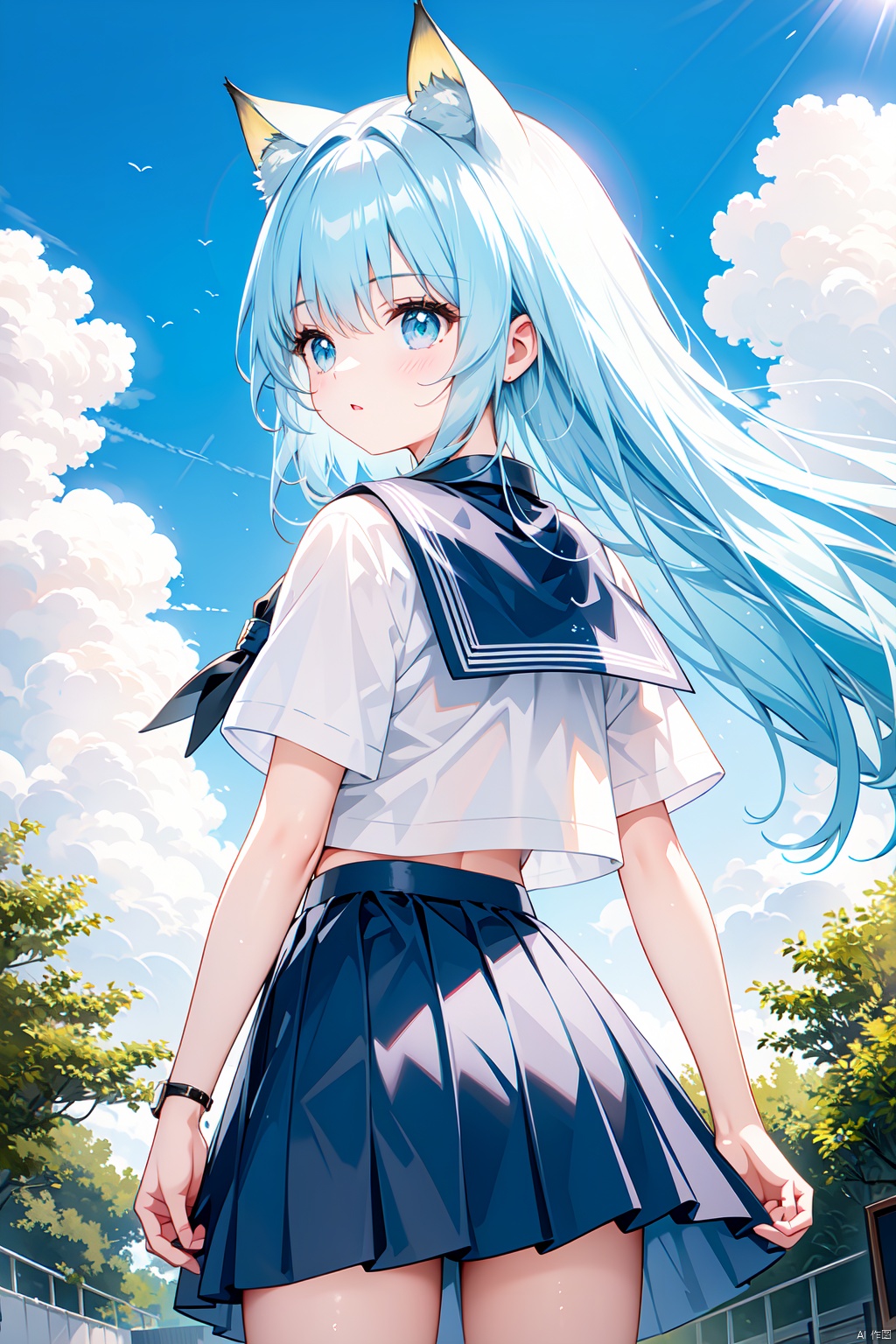  best quality, amazing quality, very aesthetic, absurdres,1girl, solo, long_hair, skirt, blue_eyes, blue_hair, very_long_hair, school_uniform, short_sleeves, serafuku, looking_at_viewer, sky, shirt, sailor_collar, white_shirt, cloud, blue_sky, blue_skirt, arm_up, day, looking_back, bangs, blue_sailor_collar, hair_between_eyes, from_behind, cowboy_shot, black_skirt, shiny_hair, midriff, standing, outdoors, miniskirt, shiny, floating_hair, parted_lips, crop_top, ((poakl)), green eyes