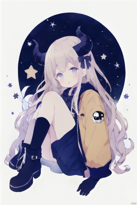  1girl, solo, white shirt, shirt, long hair, white background, skirt, blush, purple skirt, very long hair, long sleeves, horns, brown hair, jacket, boots, bangs, parted lips, socks, braid, open jacket, star \(symbol\), looking at viewer, purple bow, full body, skeleton, sleeves past wrists, simple background, bow, animal, open clothes, blue socks, bird, knee up, skull