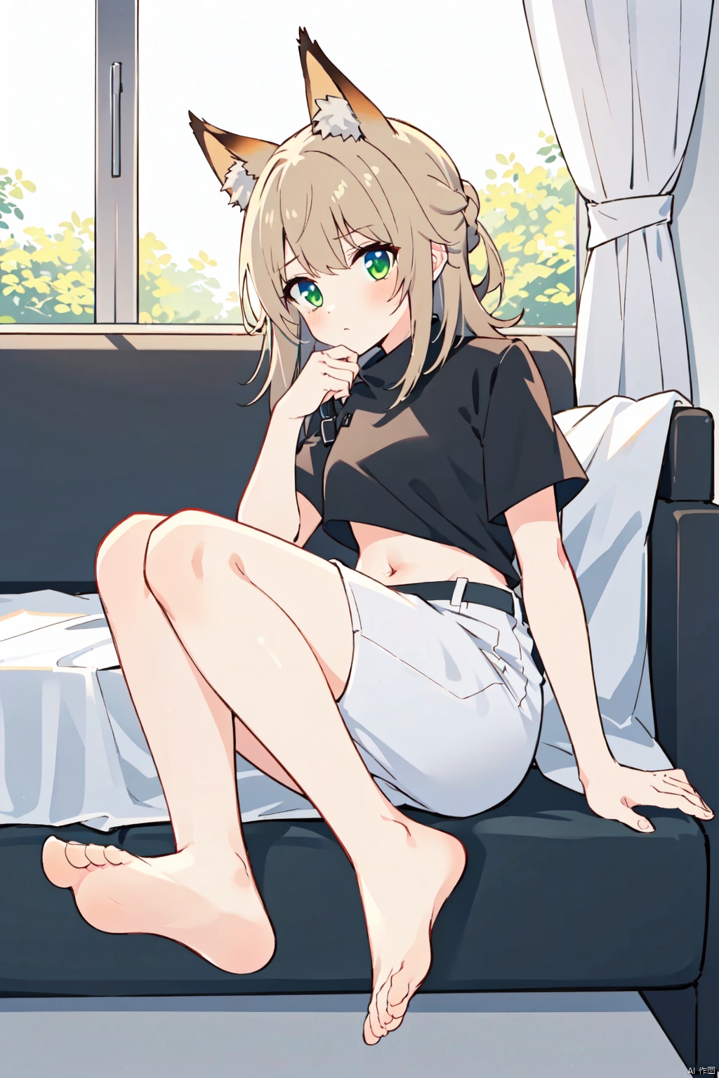  masterpiece, best quality,backlight,Tyndall effect,Crepuscular Rays,1girl,white_hairbangs,long hair,French braid,blue eyes,cold expression,lightseagreen T-shirt,navel,fetal_position ,pumpkin pants
,small_breasts,No shoes on,bedroom,White cloth sofa,White blanket,Dieffenbachia seguine Schott,White curtains,bare feet,bare legs,****,foot focus, w_(arknights), artoria pendragon \(fate\), green eyes, shidudou,solo, miyamizu_mitsuha, white hell, oyama_mahiro, jtc, platinum_(arknights), ceobe_(arknights), gummy_(arknights), yamada ryo, ijichi nijika, tatsumaki, akebi komichi, Furry Girl, fox ear,kaldef, dusk_(arknights), nibutani shinka, takanashi rikka, TUSHANHONGHONG,texas_the_omertosa_(arknights),艾斯德斯, ning, swire_(arknights), 1girl, isshiki_iroha