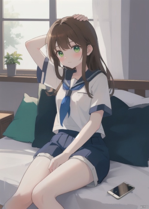  (masterpiece),(best quality),illustration,ultra detailed,hdr,Depth of field,(colorful),[iumu],[Sheya],[Artist chen bin],transparent background, artist roha, 1girl, brown hair, phone, cellphone, solo, pillow, indoors, smartphone, on bed, green eyes, long hair, shirt, bangs, bed sheet, curtains, short sleeves, shorts, blush, school uniform, serafuku, pajamas, frills, window, bed, closed mouth, sunlight, white shirt, frilled shorts, blue shirt, outstretched arm,lying,day, Kal'tsit, platinum_(arknights), Omertosa