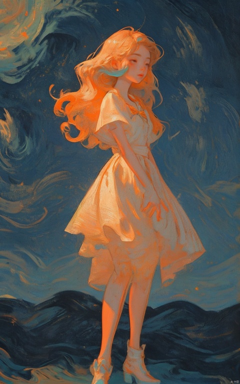  anime, a girl standing at the intersection, delicate face,observing the scenery, alena aenami, shuzo oshimi, nostalgic tone, light orange and sky, kinuko y.craft, lively illustrations, vibrant light, stars flying, illuminated with soft light,in the style of bright color palette, magical girl, cute and dreamy,colorful drawings, softly luminous, radiant clusters, calming, Dreamy, 16k, shining, vg