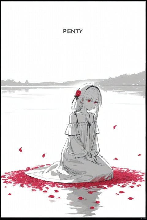  (masterpiece),(best quality),illustration,ultra detailed,hdr,Depth of field,(colorful),1girl,red eyes,white long translucent night gown,expressionless,(white hair),hair cover one eye,long hair,red hair flower,kneeling on lake,blood,(plenty of red petals:1.35),(white background:1.5),(English text),greyscale,monochrome,greyscale,monochrome,sketch, Kal'tsit