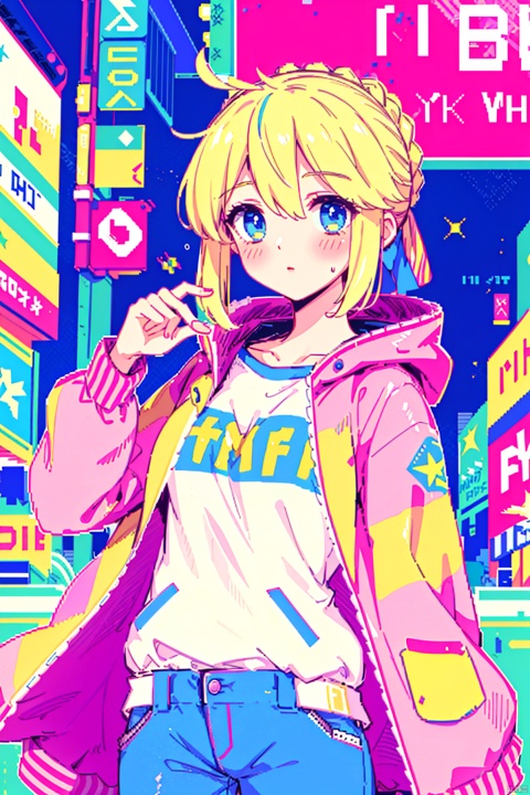  Ultra-high resolution, cinematic lighting,Woman wearing pink raincoat in Times Square,xxmix_girl,more detail XL, blue medium hair, artoria pendragon \(fate\), yinyou,yinyou color, ((pixelart))