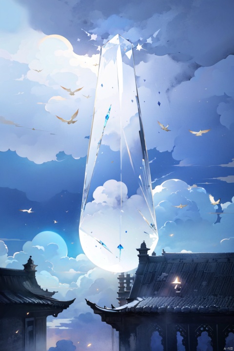  Crystal,transparent,glowing,cloud,Spring,雨点,Blue Sky and White Clouds,Masterpiece,Super Detailed, Best quality, wgz_style, qiuyinong