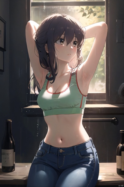  1girl, solo, long hair, breasts, black hair, navel, cleavage, brown eyes, medium breasts, sitting, midriff, pants, indoors, armpits, bra, blurry, arms up, lips, bottle, denim, arms behind head, jeans, sports bra, realistic,(rainning:1.3), ((poakl)), w_(arknights), gotou hitori
