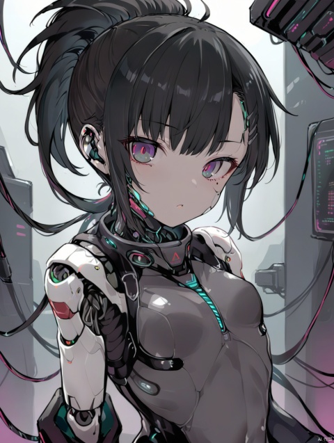  gzly,1girl,solo,cyberpunk,ponytail,looking at viewer,black hair,science fiction,upper body,joints,masterpiece, best quality, Mecha, Illustration, circuitboard, loli