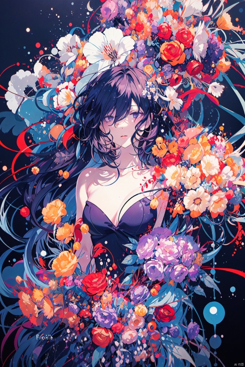  1girl, long hair, flower, Lisianthus, in the style of red and light azure, dreamy and romantic compositions, red, ethereal foliage, playful arrangements, fantasy, high contrast, ink strokes, explosions, over exposure, purple and red tone impression, abstract, whole body capture, ,
