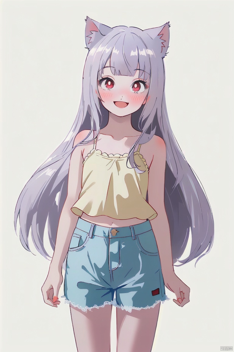  ultra-detailed,(best quality),((masterpiece)),(highres),original,extremely detailed 8K wallpaper,(an extremely delicate and beautiful), anime, \\, BREAK 1girl, long hair, white hair, virtual youtuber, open mouth, cat ears, fang, smile, blush, camisole, shorts, solo, bangs, very long hair, shirt, looking at viewer, :d, skin fang, ribbon, red eyes, simple background, ((young teenage girl)), ((petite)), dino, ears down, ((poakl)), Detail, shuixia, origen, shead, qzfuling, nayutaren, fl