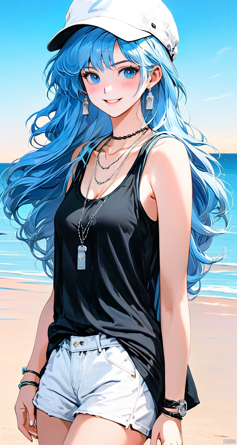  (light-blue hair:1.2),(Zaffre eyes color:1.1),long hair,straight hair,(black **** top:1.2),realistic lighting,beautiful lighting,raytracing,photorealistic,(hyperrealistic:1.2),cheerful,smile,(white hat:1.2),silver necklace,high heels,(on the beach:1.2)