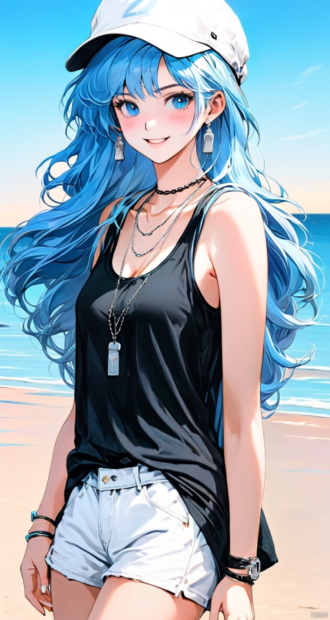  (light-blue hair:1.2),(Zaffre eyes color:1.1),long hair,straight hair,(black tank top:1.2),realistic lighting,beautiful lighting,raytracing,photorealistic,(hyperrealistic:1.2),cheerful,smile,(white hat:1.2),silver necklace,high heels,(on the beach:1.2)