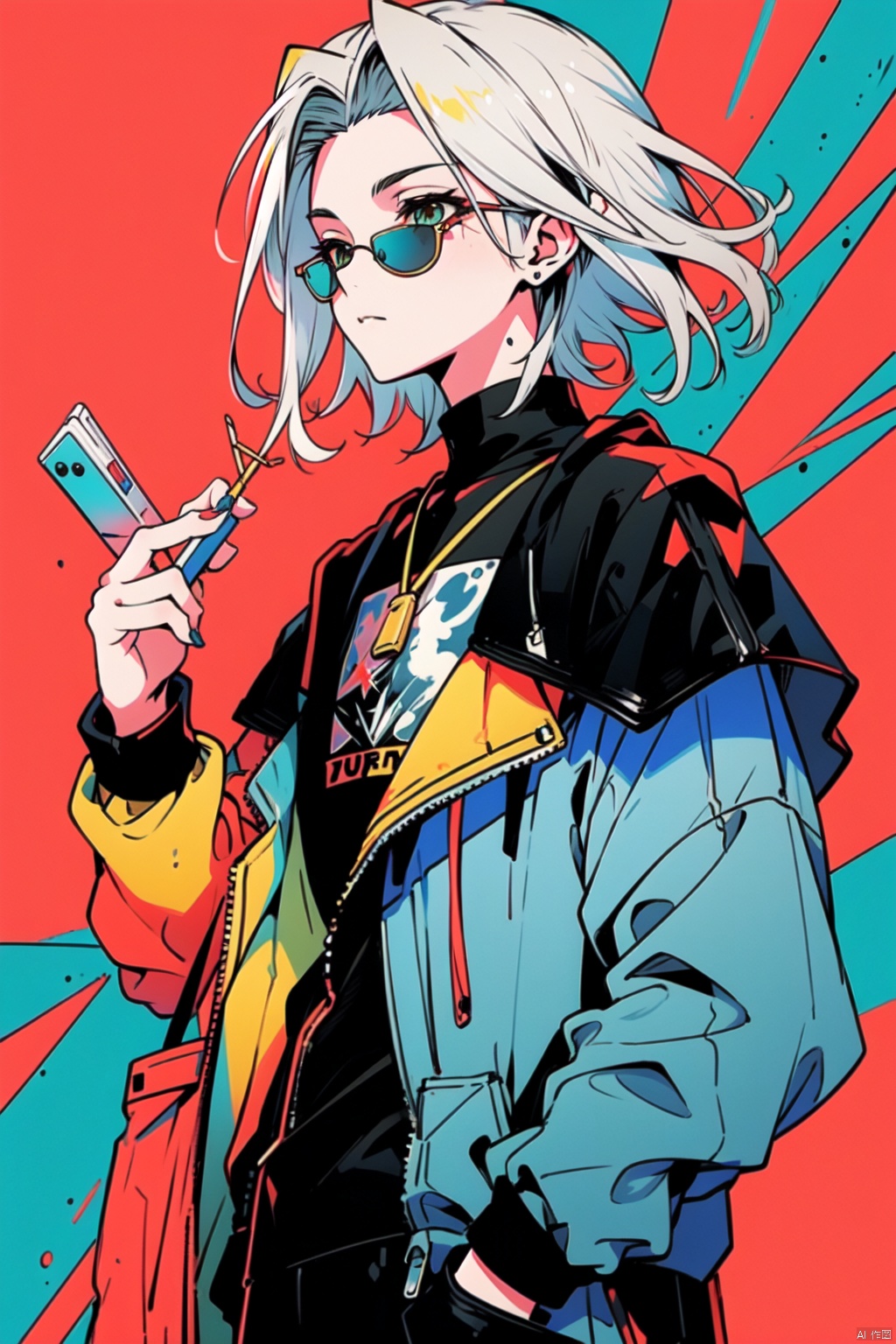  //
( code background), (data background,:1.2),
//
multicolored_background,red and white background,sam yang, (1boy:1.3), (short white hair,hair slicked back,:1.2)black sunglasses, expressionless,cowboy shot, no_eyes,(colored inner hair, colored_tips,:1.2), shota, ink style, Light-electric style, (\shuang hua\), 372089, flat, cozy animation scenes, bpstyle, green eyes,kaldef