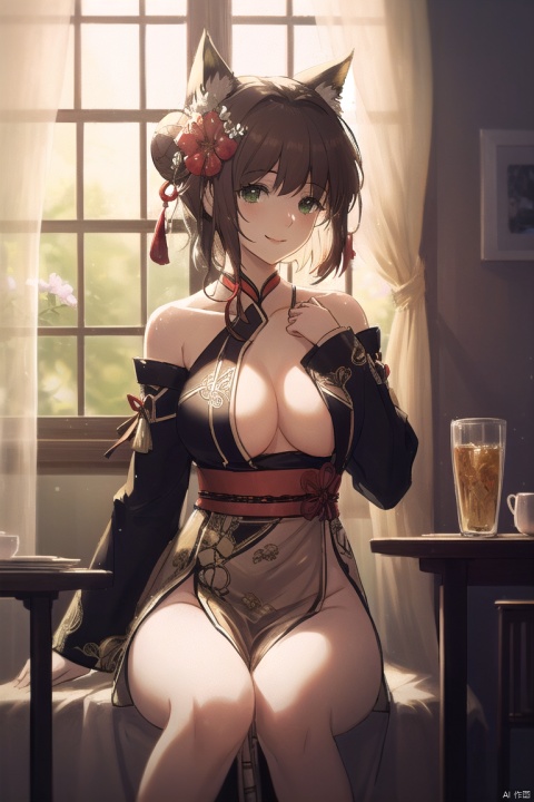  masterpiece,best quality,high quality,(colorful),[Artist miwano rag],[Artist chen bin],[Artist wlop], 1girl, solo, dress, hair ornament, breasts, realistic, looking at viewer, black hair, flower, white dress, hair flower, indoors, brown eyes, sideboob, medium breasts, see-through, asian, holding, sitting, chinese clothes, table, short hair, photorealistic, brown hair, detached sleeves, blurry, cup, no panties, smile, bare shoulders, blurry background, curtains, hair bun, lips, collarbone, closed mouth, green eyes