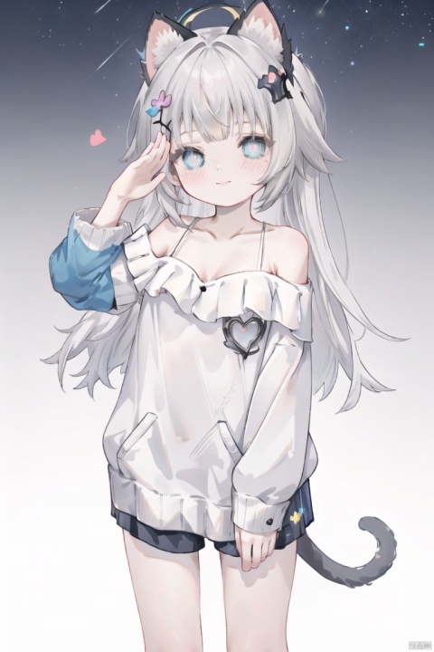  30710, petite, loli, solo, animal ears, heart, puffy short sleeves, grey hair, long hair, off shoulder, bangs, hair ornament, gradient background,rainbow gradient, x hair ornament, animal ear fluff, looking at viewer, very long hair, blush, smile, cat ears, bare shoulders, collarbone, hand up, gradient sweater, hair between eyes, symbol-shaped pupils, arm up, heart-shaped pupils, hairclip, medium breasts, salute, bare legs,full body,blue_eye,((ahoge)), + +,sparkling eyes,Starry eyes,ch style, shead, default