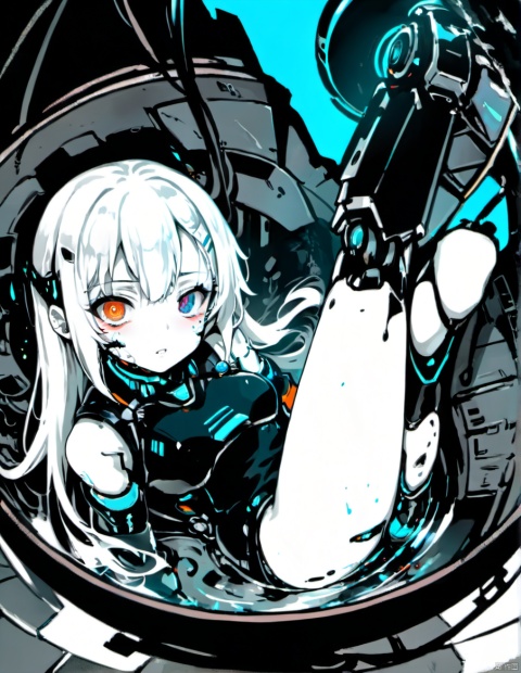  a semi-mechanical girl locked in a glass container of liquid, experimental site, full_body, (best quality, 4k, 8k, highres, masterpiece:1.2), ultra-detailed, , long_hair and flowing white hair, blue-eyed robot, shattered body full s, half-android face, hyperpunk scene with unsaturated deep blues and orange, vibrant and vivid colors, ( high resolution:1.3), (zoom-in, ultra-fine painting, 2D anime:1.2), art by Yukito Kishiro, Lida, robotic decay, dystopian atmosphere, saturated, sci-fi trash, glowing mechanical eye, harsh shadows, dark clouds above,(low quality, normal quality, worst quality, jpeg artifacts), cropped, monochrome, lowres, low saturation,, loli, gzly