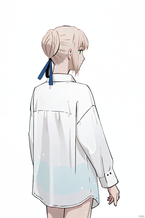 1 girl, focused, solo, looking back, looking from behind, half fallen clothes, shirt, white background, white shirt, looking at the audience, green eyes, boyfriend, comfortable anime, perspective wet T-shirt, soft, hair tied, hair tied, perfect fingers, ((poakl)), phSaber