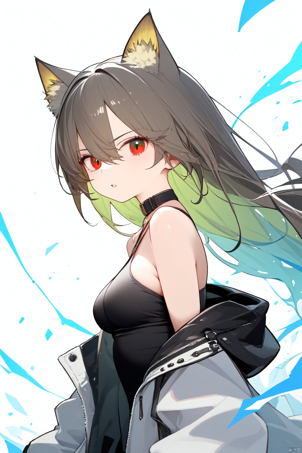  1girl, solo, long_hair, breasts, looking_at_viewer, bare_shoulders, parted_lips, red_eyes, bangs, hair_between_eyes, off_shoulder, jacket, floating_hair, electricity, long_sleeves, brown_hair, from_side, coat, medium_breasts, open_clothes, very_long_hair, green eyes