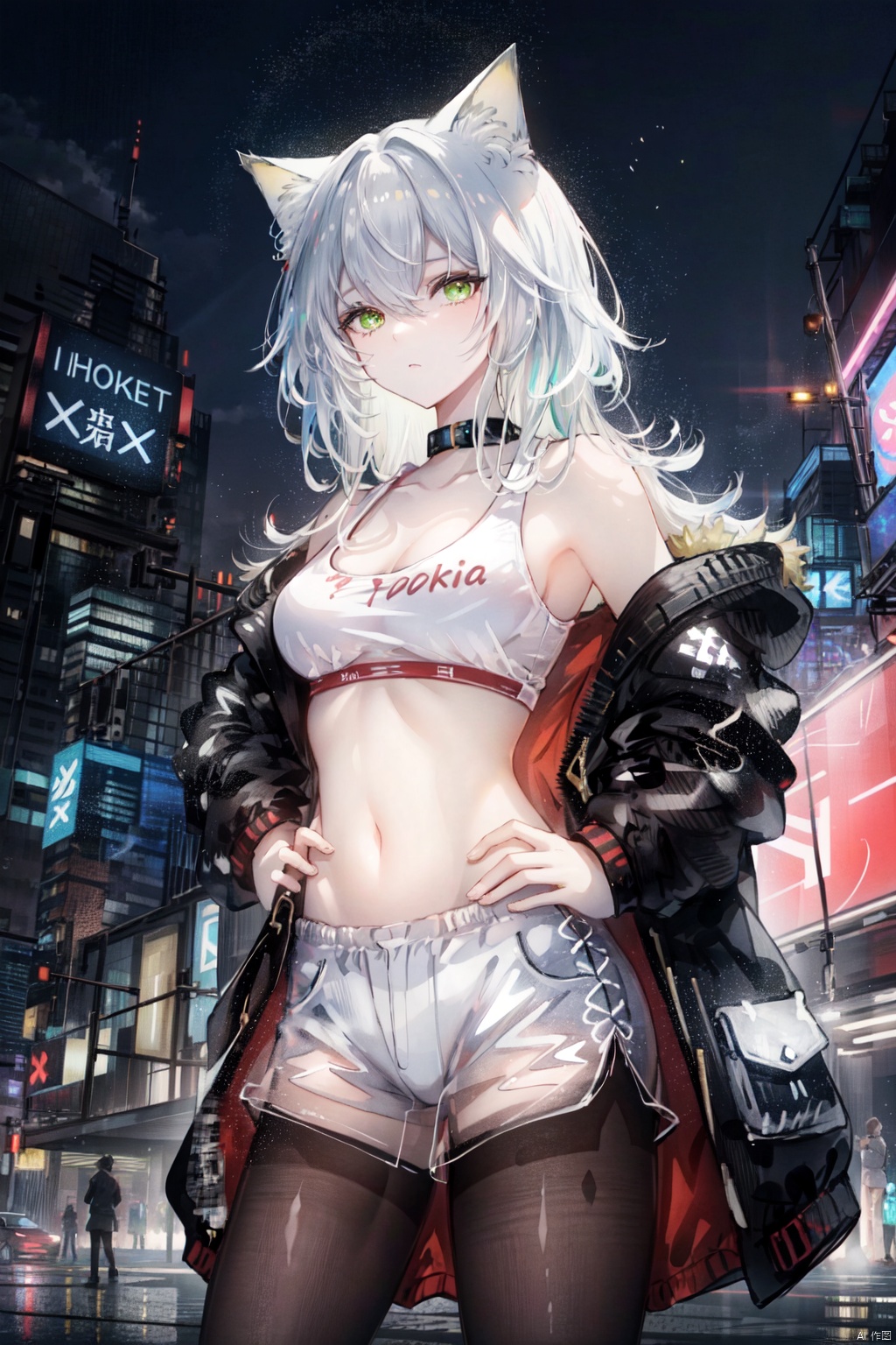  1girl, animal ears, long hair, solo, cat ears, navel, shorts, white hair, yellow eyes, jacket, midriff, slit pupils, breasts, off shoulder, mouth hold, hair over one eye, black shorts, looking at viewer, crop top, cat girl, red jacket, pantyhose, open clothes, neon lights, bangs, bare shoulders, cowboy shot, medium breasts, hand on hip, stomach, open jacket, short shorts, **** top, standing, hanekawa tsubasa, black pantyhose, green eyes