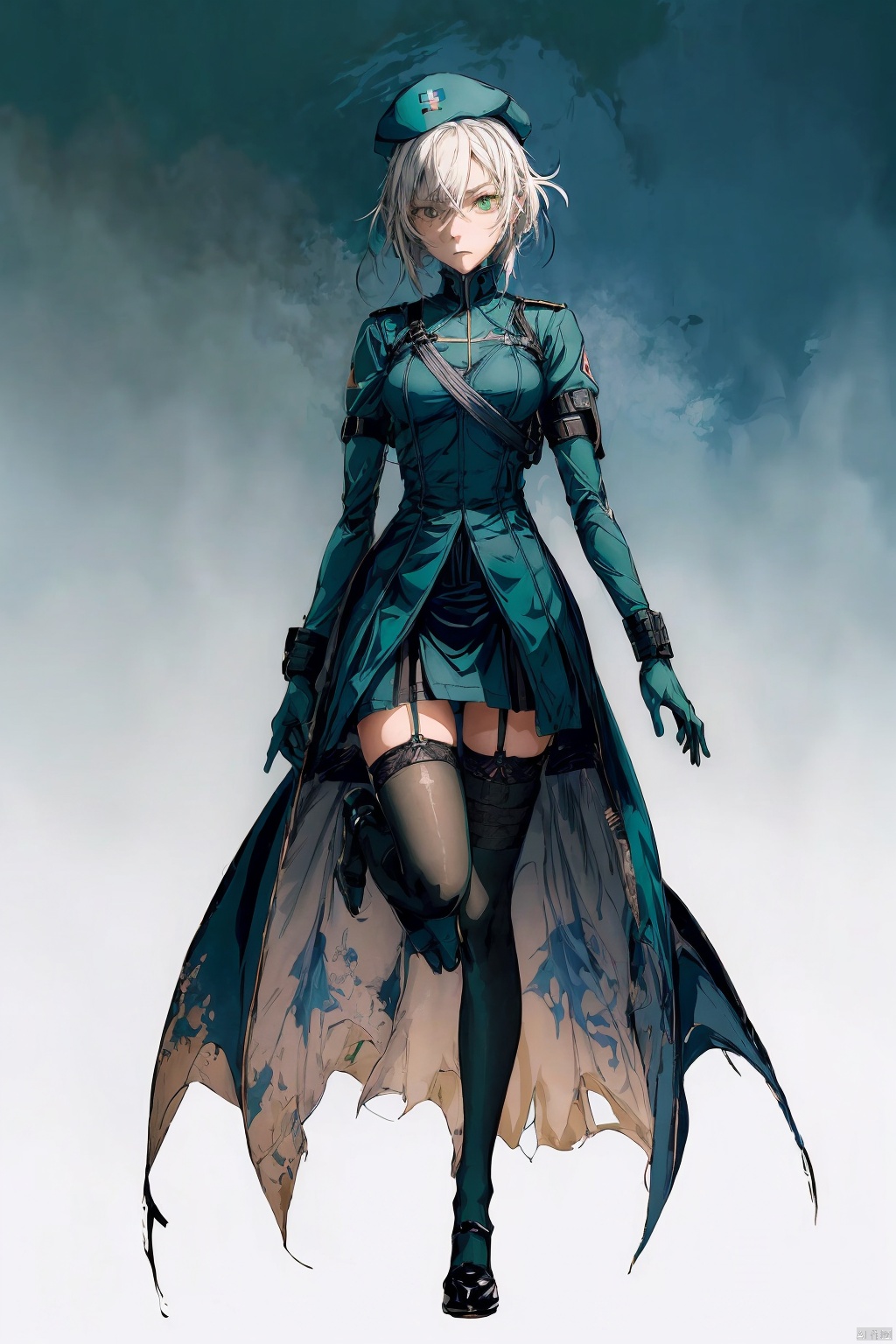  A woman wearing military medical attire, blue-green nurse uniform, medium length short hair, gloomy and angry expression, blue nurse hat, beautiful anime portrait, black stockings, five toes, foot vision, trampling perspective, being stepped on, digital anime illustration, beautiful anime style, fantasy medical worker, anime illustration, anime fantasy illustration, beautiful character painting, pop art, (\ personality \), w_ (Arknights), 1 girl, green eyes, (trampling), ((poakl)),(双手插在口袋)