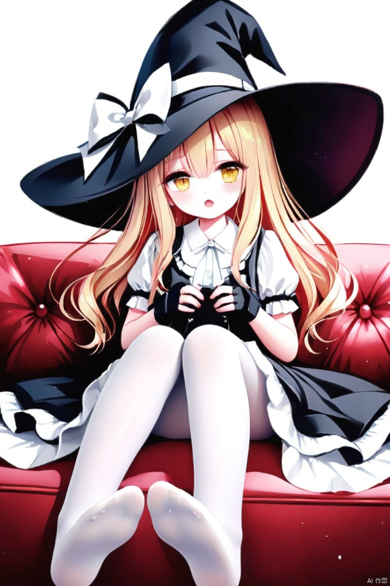 (masterpiece),(best quality),illustration,ultra detailed,hdr,Depth of field,(colorful),[iumu],[Sheya],[Artist chen bin], 1girl, hat, witch hat, kirisame marisa, blonde hair, solo, no shoes, feet, fingerless gloves, gloves, soles, pantyhose, long hair, white pantyhose, toes, black gloves, looking at viewer, short sleeves, black headwear, hair between eyes, foot focus, sitting, yellow eyes, puffy short sleeves, hat bow, blush, puffy sleeves, bow, black vest, open mouth, frills, shirt, white shirt, hands up, ribbon, vest, white bow