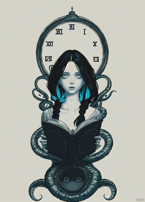 masterpiece, facing viewer, centered, absurdres, realistic, (photorealistic), full body shot, highly detailed, solo, female Byrgenworth scholar reading an occult tome, tentacles in background, floating eyes in background, lovecraft, Eldritch horror,beautiful face, sharp focus, colored light, sexy, astral clocktower, braided hair