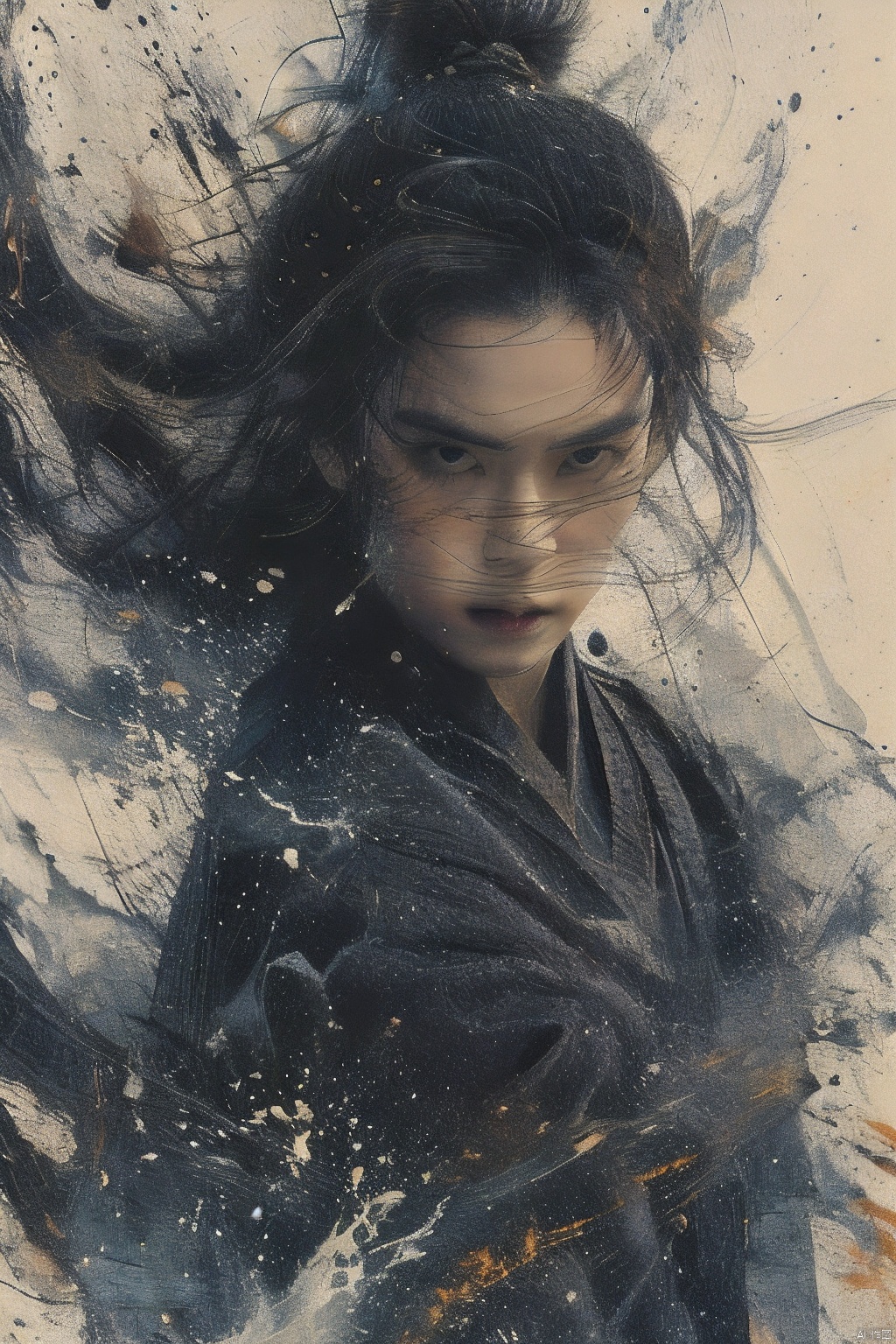  sdmai, wuxia, Chinese ink painting, artistic ink painting, Chinese martial arts films, wearing black robes, fighting posture, cinematic grandeur, splashing details, wild and powerful, solo, black hair, 1girl, looking at viewer, black eyes, hair bun, single hair bun, shead