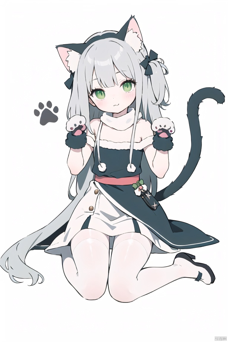  Tendou Alice,(loli:1.2),long hair,(paw pose:1.4),scarf,strap slip,full body,(white silk stockings:1.3),(Cat paw gloves:1.3),White background,(Merry Christmas!), green eyes