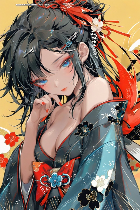  split color hair、Ichiro、 1 girl, solo, blue eyes, black haired, hair ornaments, hugged, cleavage, medium breasts, Floral, generally, kimono, off shoulder, nail polish, compensate, lipstick, yellow background, red claw, eye shadow, Floral, Hairpin, Hairpin, comb, qingsha