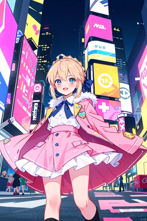  Ultra-high resolution, cinematic lighting,Woman wearing pink raincoat in Times Square,xxmix_girl,more detail XL, blue medium hair, artoria pendragon \(fate\), yinyou,yinyou color