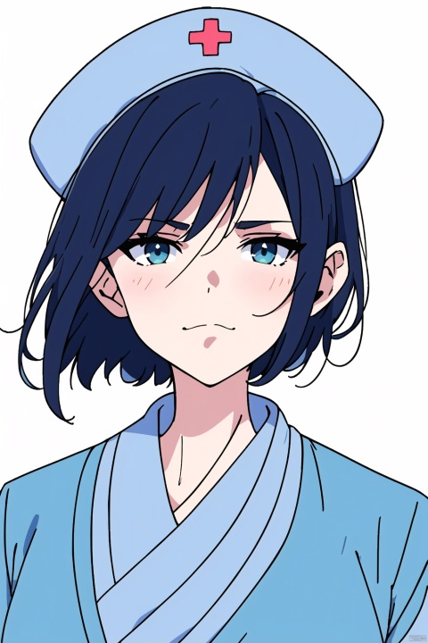  a woman in a nurse uniform, blue green nurse suit, short black hair, innocent expression, blue nurse hat, beautiful anime portrait, digital anime illustration, beautiful anime style, fantasy medical worker, anime illustration, anime fantasy illustration, beautiful character painting, trending on artstration,（\personality\）, w_(arknights), smug, 1girl