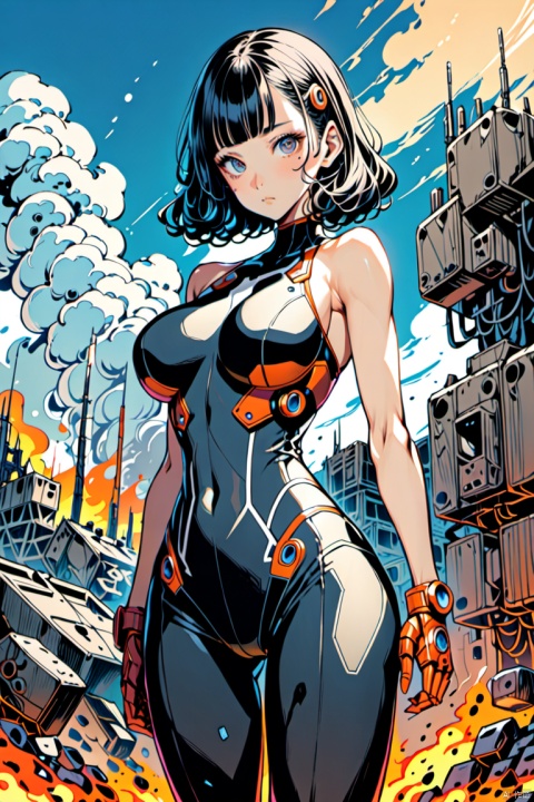  anime art style,((masterpiece)),((best quality)),highest detailed,beautiful face,big eyes,detail face,style of Yuko Shimizu,detail eyes,Strong contrast,yoga pose, arms up, 
1girl,(big breasts),very slim figure,(slender waist:1.3),(long legs:1.2),model figure,long hair,full body,
Mechanical Girl,mechanical limbs,mechanical plugsuit,bare arm, 
Wasteland cities,rockets,tanks,fire,Illustration