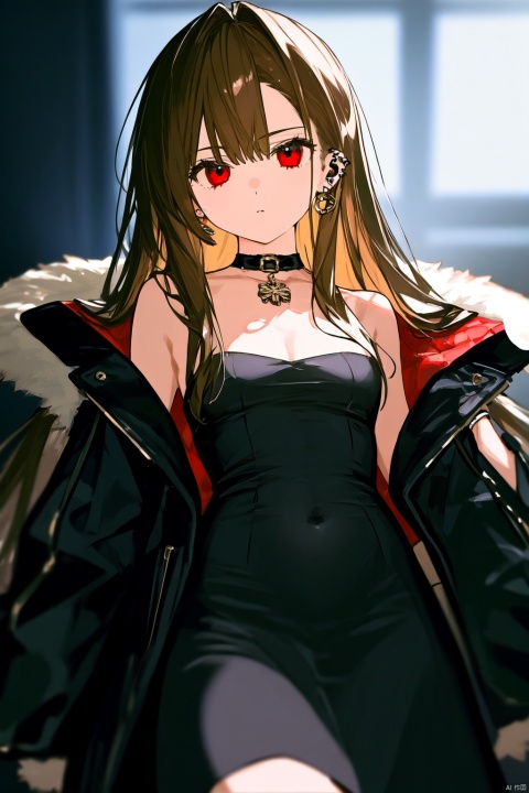 1girl, bangs, black_dress, blurry, blurry_background, blurry_foreground, breasts, brown_hair, center_opening, choker, depth_of_field, dress, ear_piercing, fire, fur-trimmed_jacket, fur_trim, jacket, long_hair, long_sleeves, looking_at_viewer, medium_breasts, motion_blur, navel, piercing, red_eyes, revealing_clothes, solo, strapless, strapless_dress, sword, very_long_hair, yu_mei-ren_\(fate\)