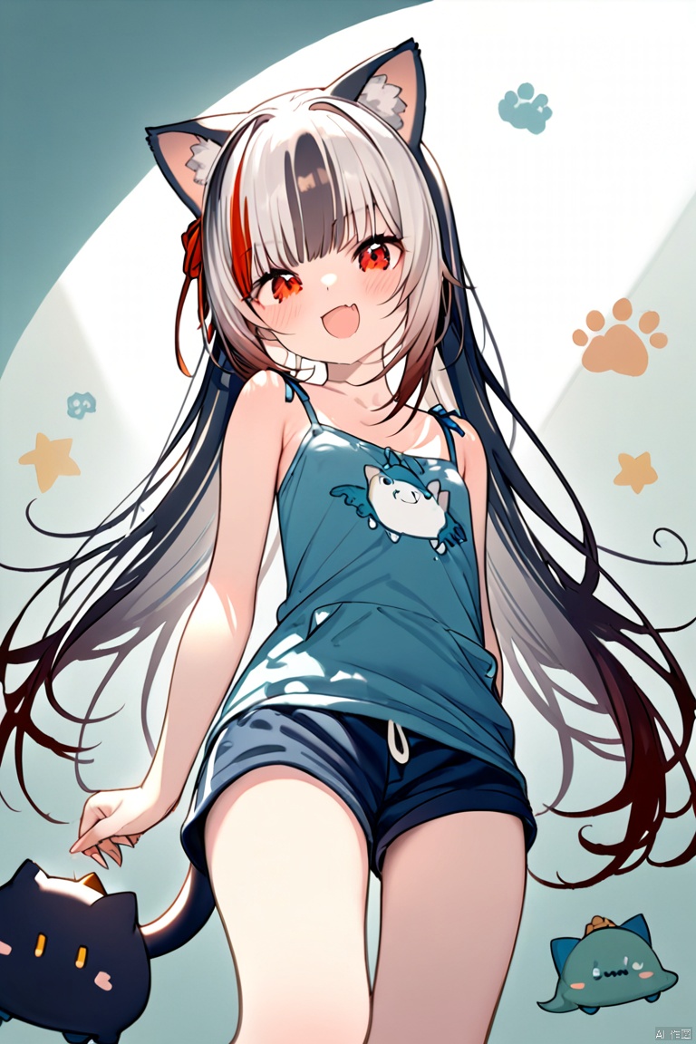  ultra-detailed,(best quality),((masterpiece)),(highres),original,extremely detailed 8K wallpaper,(an extremely delicate and beautiful), anime, \\, BREAK 1girl, long hair, white hair, virtual youtuber, open mouth, cat ears, fang, smile, blush, camisole, shorts, solo, bangs, very long hair, shirt, looking at viewer, :d, skin fang, ribbon, red eyes, simple background, ((young teenage girl)), ((petite)), dino