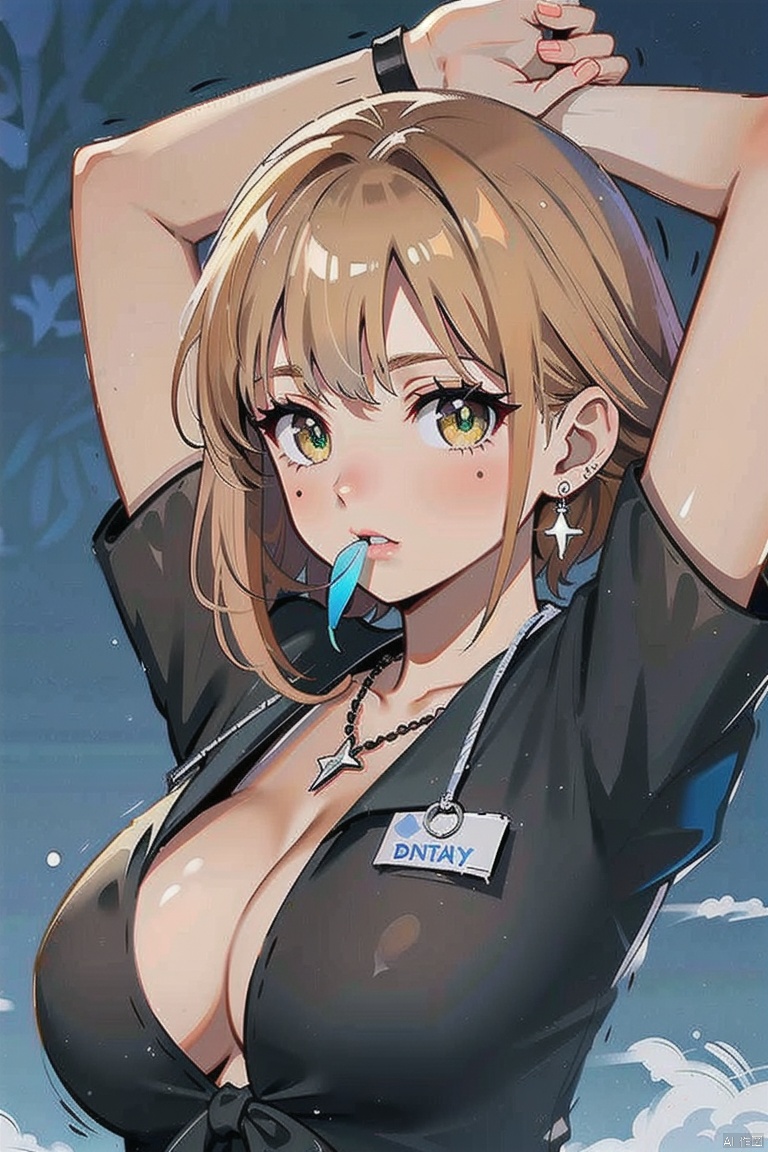  (Best Quality), (Masterpiece), (High Level), Illustrations, Original, Very Detailed, 1 Girl, Solo, Jewelry, Shirt, Necklace, Brown Hair, Black Shirt, Earrings, Mouth Support, Tie Hair, Long Hair, Short Sleeves, Moles, Arms Up, Upper Body, Hair Tie, Brown Eyes, Lips, w_ (Arknights), Solo, Tear Moles (poakl), Miyamizu_mitsuha, Artoria pendragon - (fat \), Green Eyes, Jtc, shirt_lift, KNOTBLOUSE