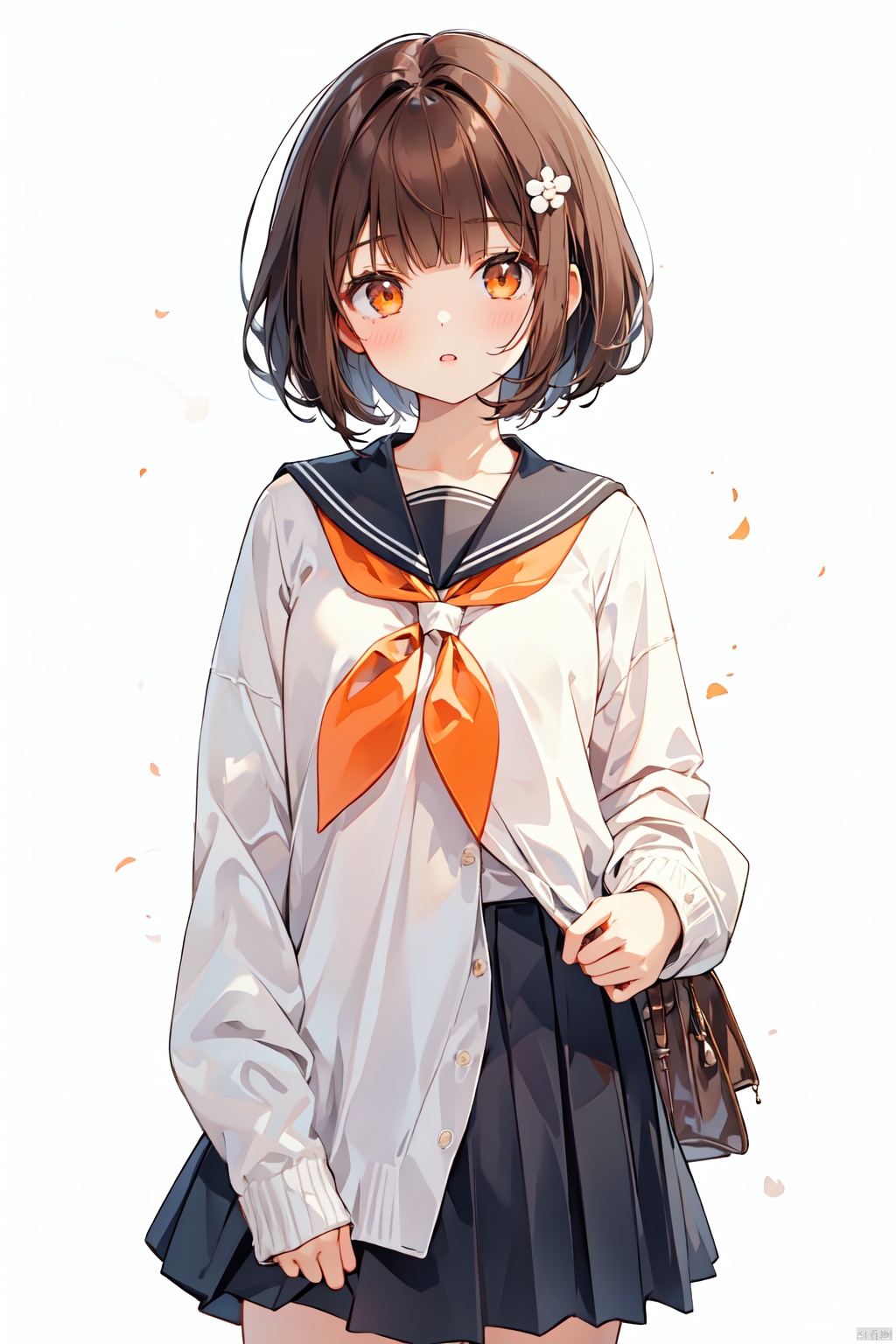  solo, 1girl, sleeves past wrists, school uniform, sleeves past fingers, skirt, simple background, bangs, hair ornament, serafuku, white background, short hair, parted lips, pleated skirt, long sleeves, muted color, neckerchief, brown hair, sailor collar, black skirt, blunt bangs, cowboy shot, orange eyes, black sailor collar, looking at viewer