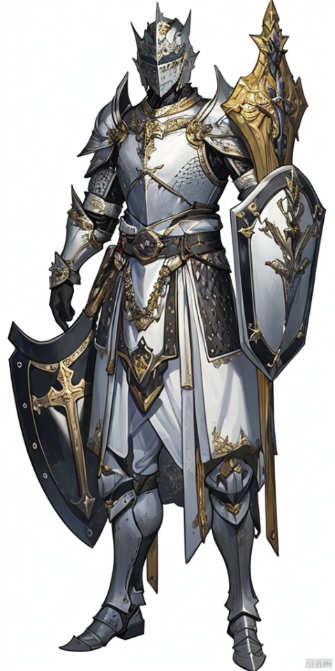  solo, simple background, white background,
 A shield shaped like a pentagram,Black armor
holding, standing, full body, male focus, belt, armor, helmet,Golden Shield, tabard, knight, full armor, holding shield, chainmail,Shield defense,cross, Shield, Sculpted Hand-Painted Figure,ruby,
, Armor