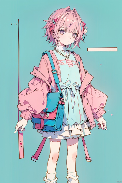  Boys, decorated with colorful clouds, a boy, ((boy)), solo, pink hair, short hair, lovely bangs, blue messenger bag, colorful candy decoration, white socks, blue leather shoes, happy, sweet and lovely style, bright colors, light blue background, candy decoration, dessert decoration, lovely cartoon, w_(arknights)