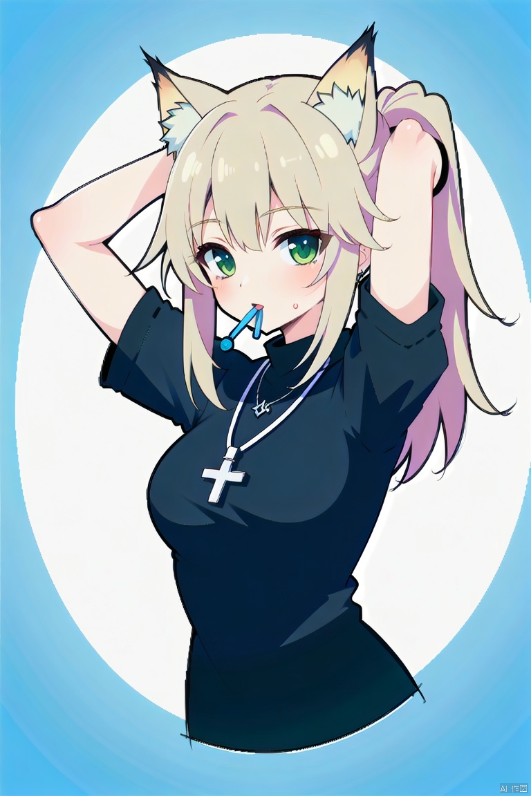  (best quality), ((masterpiece)), (highres), illustration, original, extremely detailed,1girl, solo, jewelry, shirt, necklace, brown hair, black shirt, earrings, hair tie in mouth, mouth hold, tying hair, long hair, short sleeves, mole, arms up, upper body, cross, hair tie, brown eyes, lips, w_(arknights),solo, ((poakl)), miyamizu_mitsuha, artoria pendragon \(fate\), green eyes, jtc