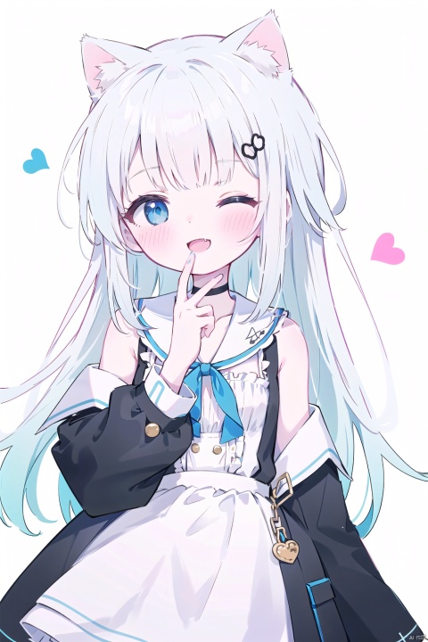  30710, 1girl, solo, long hair, looking at viewer, blush, smile, open mouth, bangs, blue eyes, simple background, hair ornament,white background, animal ears, white shirt, upper body, grey hair, heart, one eye closed, choker, hairclip, fang, virtual youtuber, cat ears, black choker, white jacket, ;d, cat girl, cropped torso, sleeveless dress,white dress