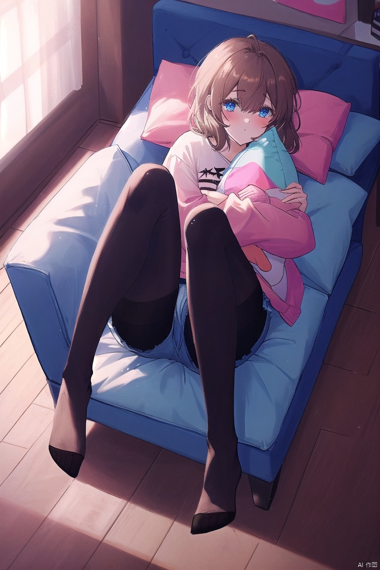  masterpiece,best quality,high quality,(colorful),[Artist onineko],[Artist chen bin],[Artist agwing86],Artist minato ojitan, 1girl, pillow, solo, pantyhose, blue eyes, lying, shorts, hugging object, on back, no shoes, couch, blush, brown hair, looking at viewer, navel, pillow hug, long sleeves, feet, short shorts, soles, phone, indoors, shirt, blue shorts, black pantyhose, on couch, thighband pantyhose, wooden floor, cellphone, toes, pink shirt, from above, panties, underwear, smartphone, panties under pantyhose, w_(arknights)