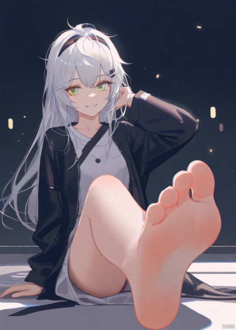 Masterpiece, best quality, high quality, (color), [artist sk (askzy)], [artist wlop], firefly, foot focus, 1girl, toe, solo, barefoot, foot, long hair, white hair, looking at the audience, hair band, shortening, sole, powder blusher, jacket, black hair band, showing hair between feet, shirt, eyes, sitting, white shirt, evil smile, green eyes, ((poakl)), mLD, gummy_(arknights), niji color, Lappland, detailed